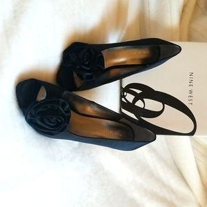 Nine West, Black, Lilyao Satin Pump, Open Toe with Flower, Size 9, worn once.